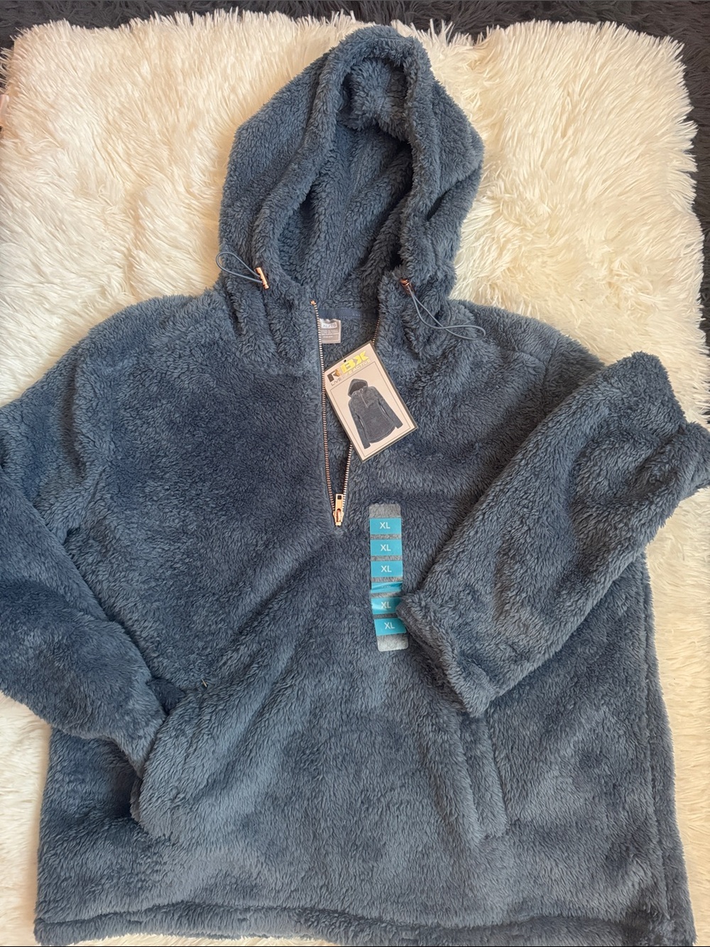 NWT Womens Plush Hooded Pullover Sweater with pockets- Slate Blue, XL